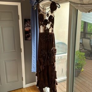 Brown Satin mesh upper body and satin skirt with large flowers